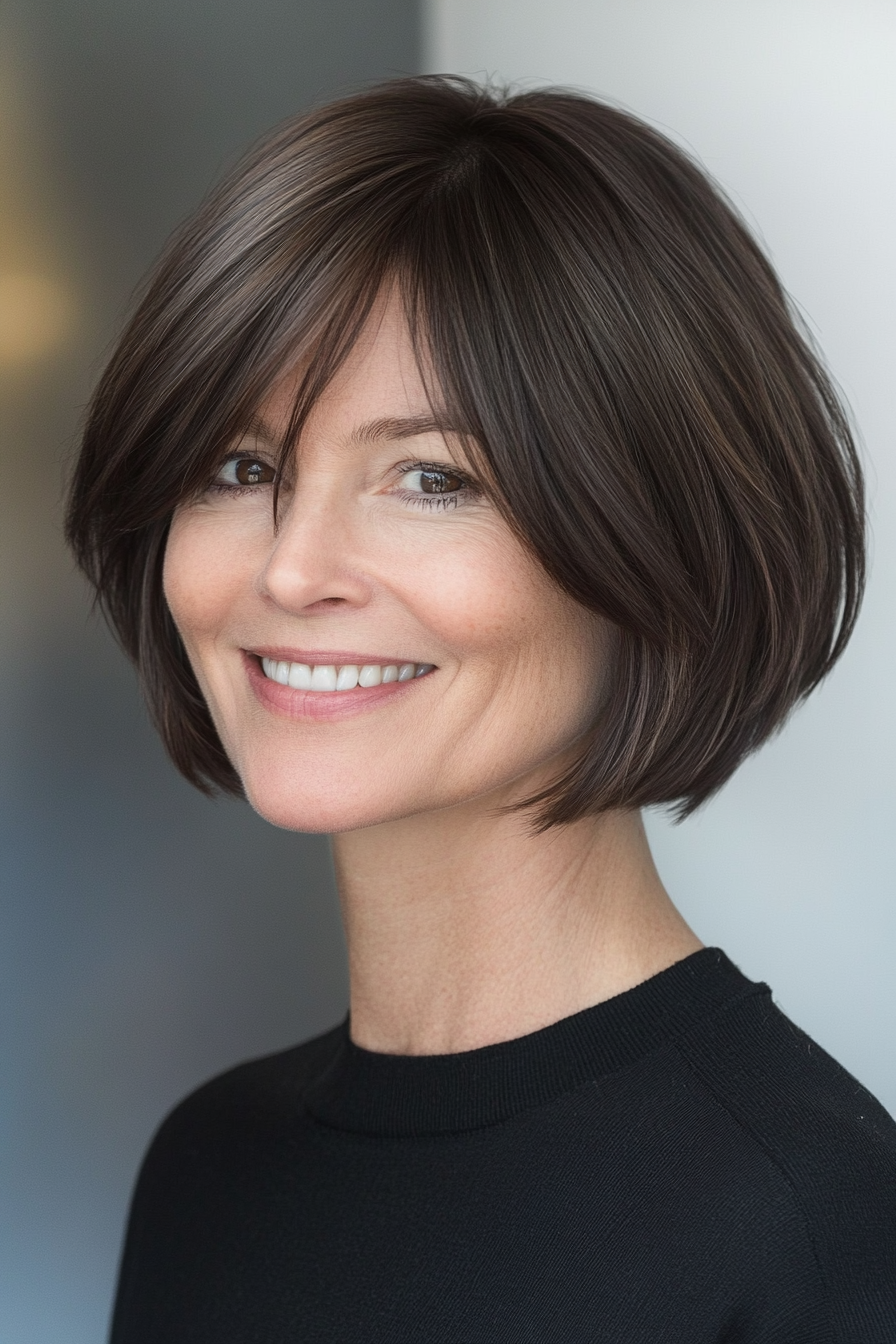 21. Modern Bowl Cut in Dark Ash Brown (Hairstyles For Women Over 40 With Fine Hair) - Hairstyles For Women Over 40 With Fine Hair