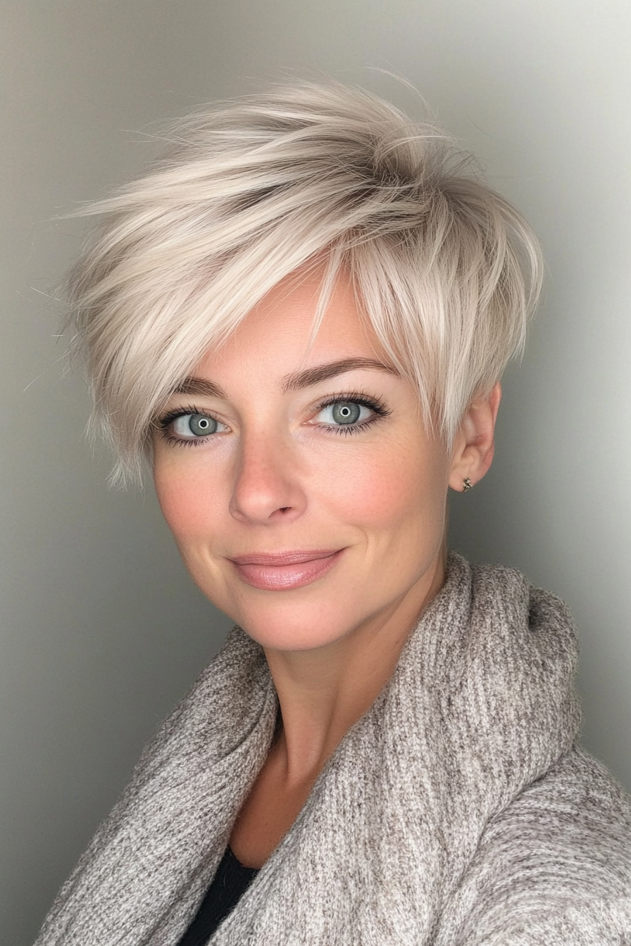 22. Grown-Out Pixie in Cool Platinum Blonde (Hairstyles For Women Over 40 With Fine Hair) - Hairstyles For Women Over 40 With Fine Hair