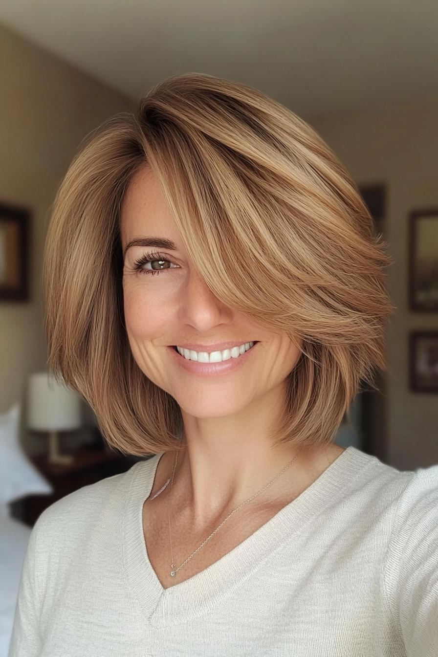 23. Layered Bob with Curtain Bangs in Sandy Brown (Hairstyles For Women Over 40 With Fine Hair) - Hairstyles For Women Over 40 With Fine Hair