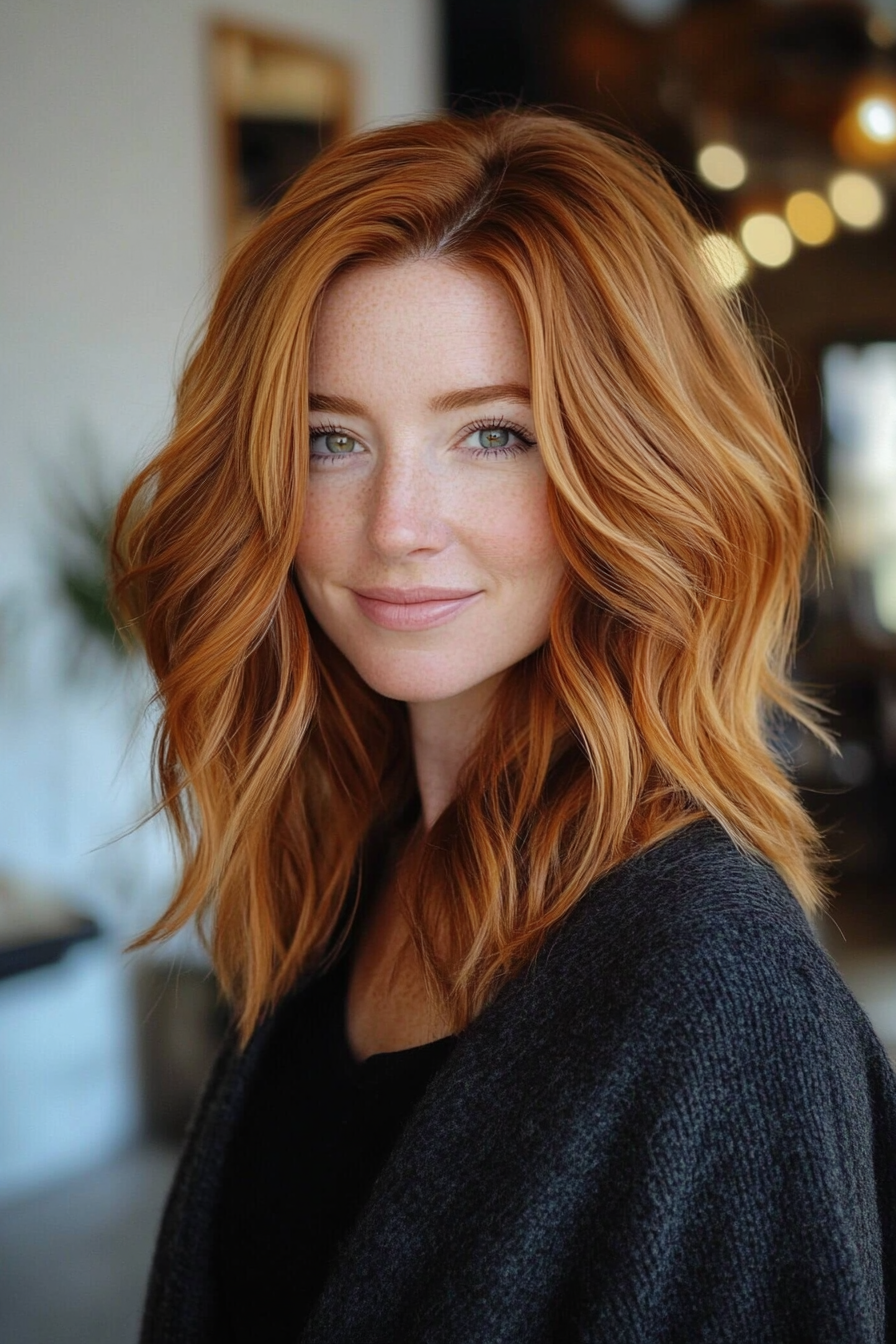 24. Textured Shoulder-Length Waves in Deep Copper (Hairstyles For Women Over 40 With Fine Hair) - Hairstyles For Women Over 40 With Fine Hair
