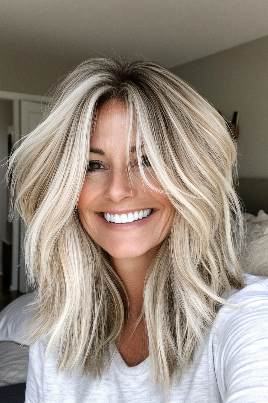 27. Ivory Blonde Shag with Textured Layers (Hairstyles For Women Over 40 With Fine Hair) - Hairstyles For Women Over 40 With Fine Hair