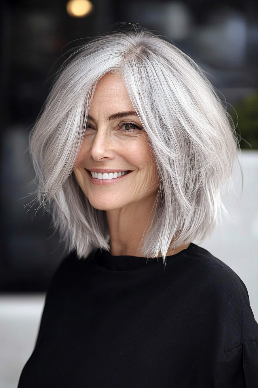 1. Feathered Bob in Soft Silver (Hairstyles For Women Over 60 With Fine Hair) - Hairstyles For Women Over 60 With Fine Hair
