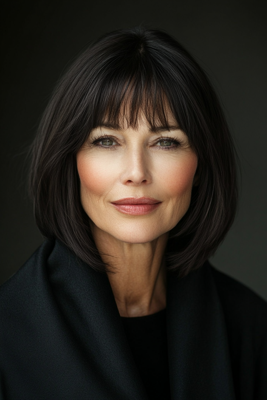 4. Chin-Length Bob with Wispy Bangs in Dark Chocolate (Hairstyles For Women Over 60 With Fine Hair) - Hairstyles For Women Over 60 With Fine Hair