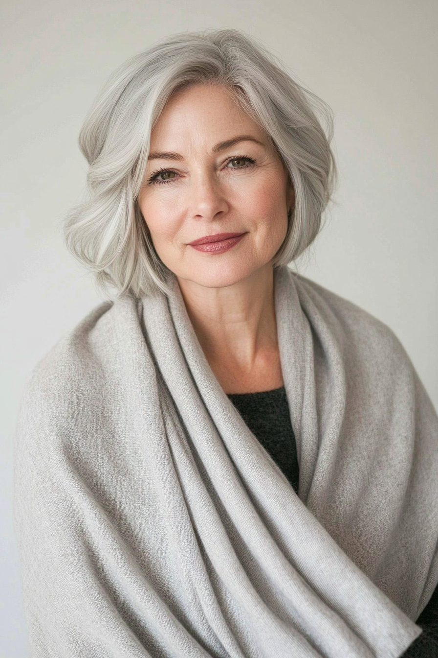 9. Side-Swept Short Bob in Ash Gray (Hairstyles For Women Over 60 With Fine Hair) - Hairstyles For Women Over 60 With Fine Hair