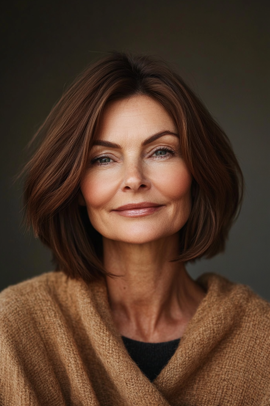 11. Tapered Bob with Side Part in Chestnut Brown (Hairstyles For Women Over 60 With Fine Hair) - Hairstyles For Women Over 60 With Fine Hair