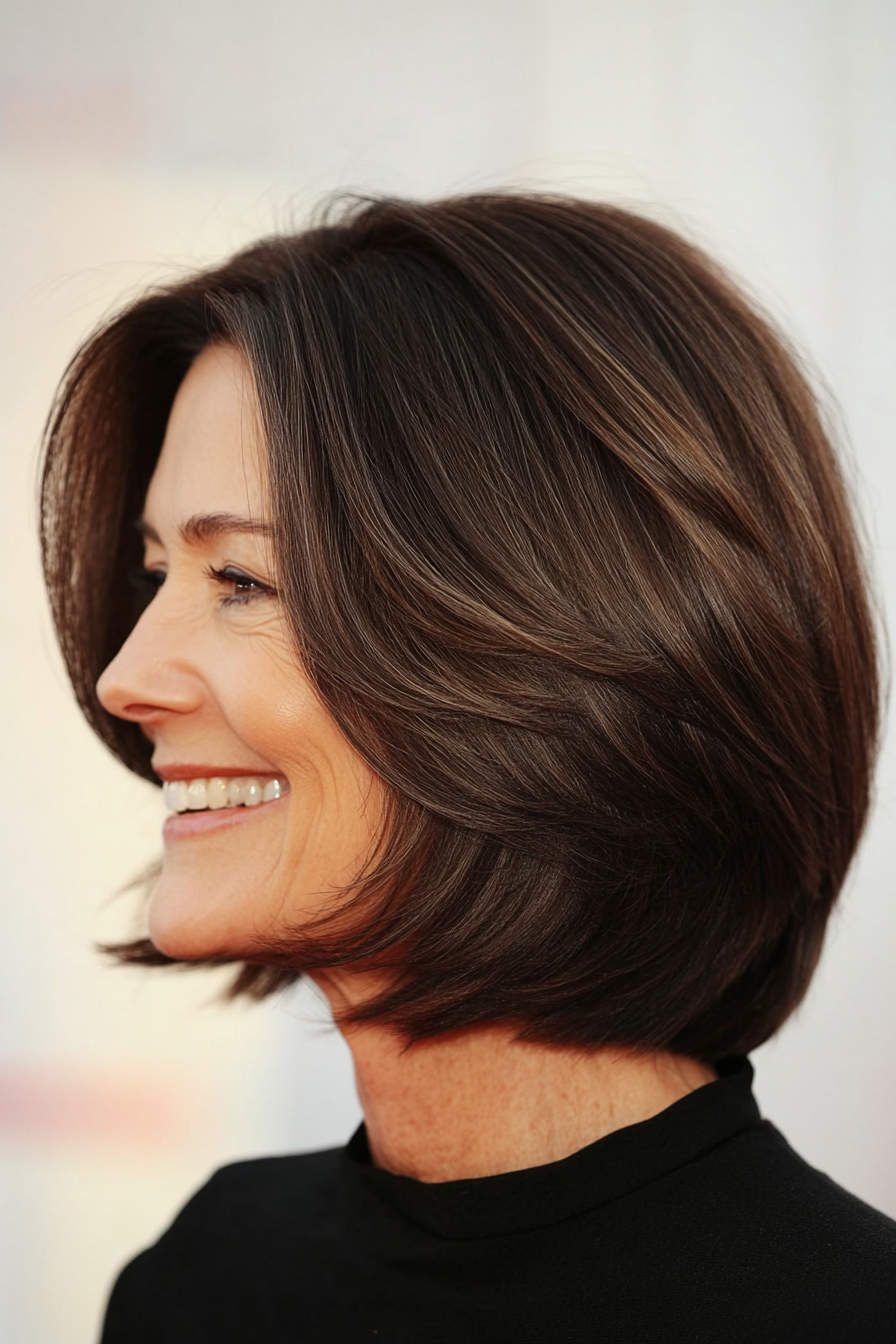 14. Sleek Graduated Bob in Dark Mocha (Hairstyles For Women Over 60 With Fine Hair) - Hairstyles For Women Over 60 With Fine Hair