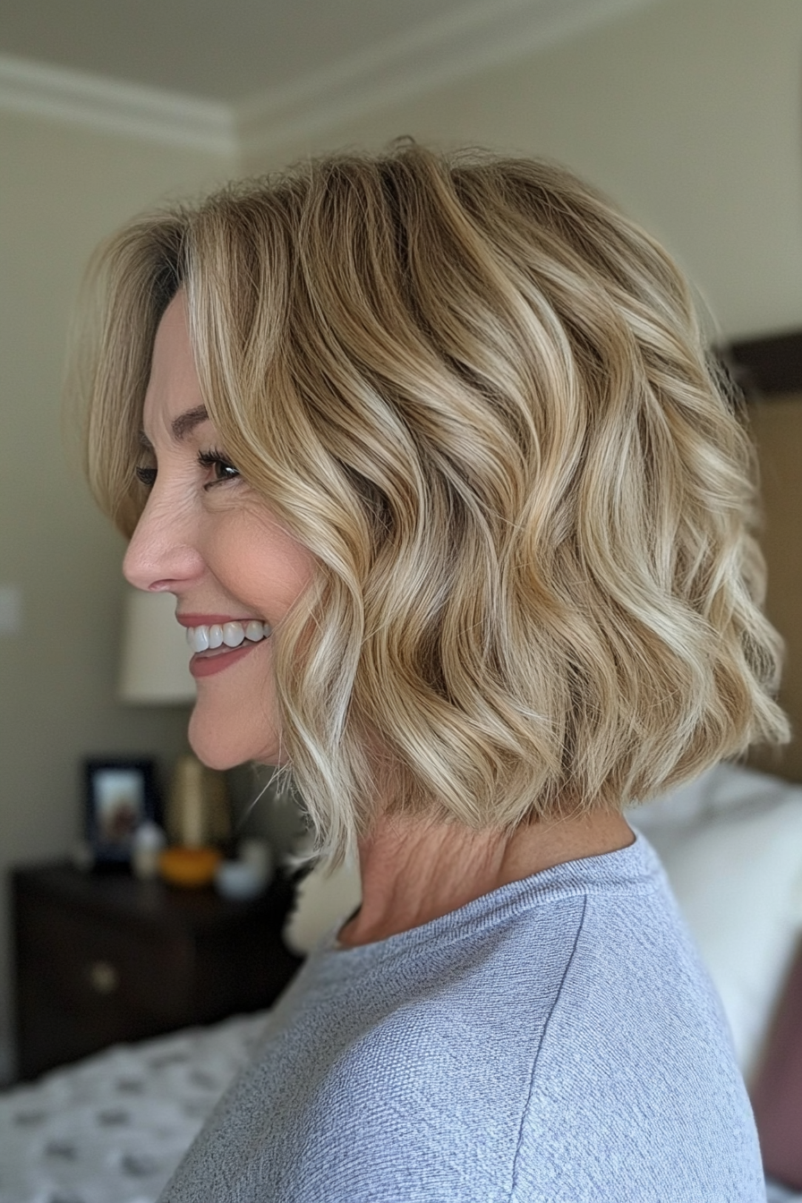 15. Wavy Chin-Length Bob in Sandy Blonde (Hairstyles For Women Over 60 With Fine Hair) - Hairstyles For Women Over 60 With Fine Hair