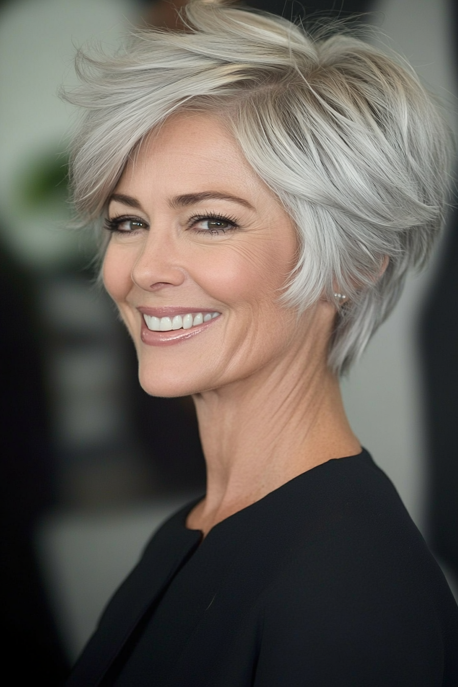 16. Short Feathered Layers in Silver Blonde (Hairstyles For Women Over 60 With Fine Hair) - Hairstyles For Women Over 60 With Fine Hair