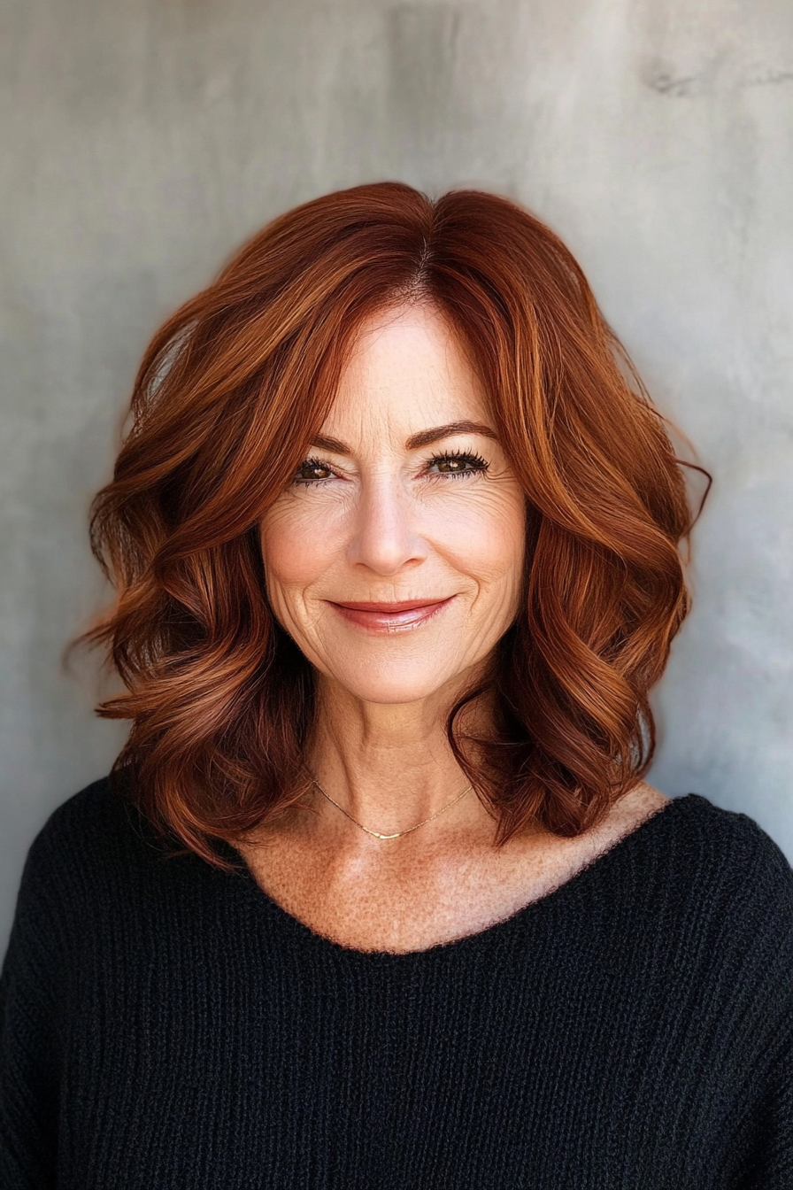 17. Long Bob with Subtle Waves in Dark Auburn (Hairstyles For Women Over 60 With Fine Hair) - Hairstyles For Women Over 60 With Fine Hair