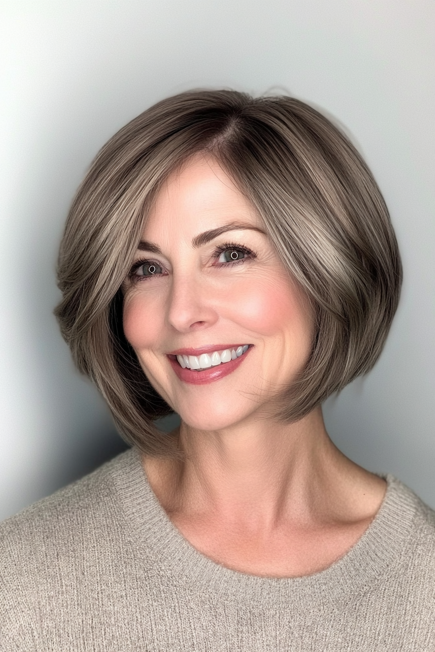 18. Stacked Short Bob in Light Ash Brown (Hairstyles For Women Over 60 With Fine Hair) - Hairstyles For Women Over 60 With Fine Hair