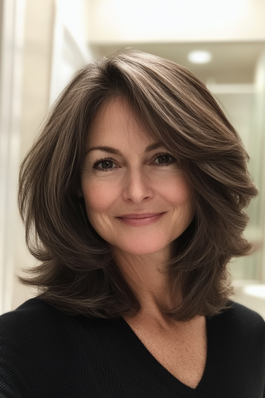 21. Neck-Length Soft Layers in Classic Brunette (Hairstyles For Women Over 60 With Fine Hair) - Hairstyles For Women Over 60 With Fine Hair