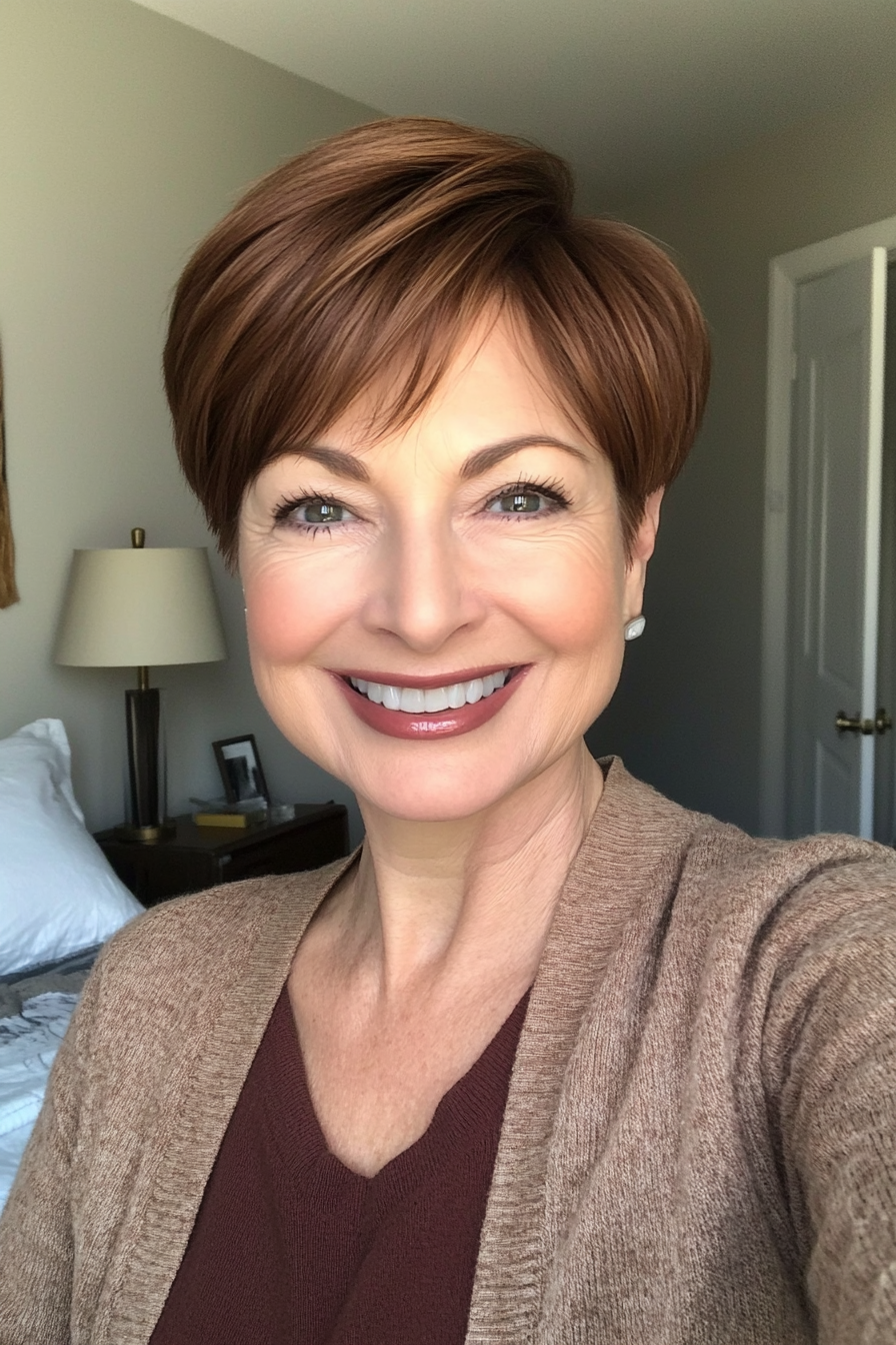 22. Side-Parted Short Crop in Warm Mahogany (Hairstyles For Women Over 60 With Fine Hair) - Hairstyles For Women Over 60 With Fine Hair