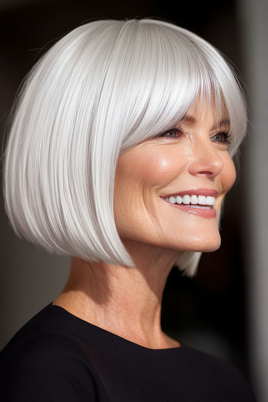 23. Modern Bowl Cut in Pearl White (Hairstyles For Women Over 60 With Fine Hair) - Hairstyles For Women Over 60 With Fine Hair