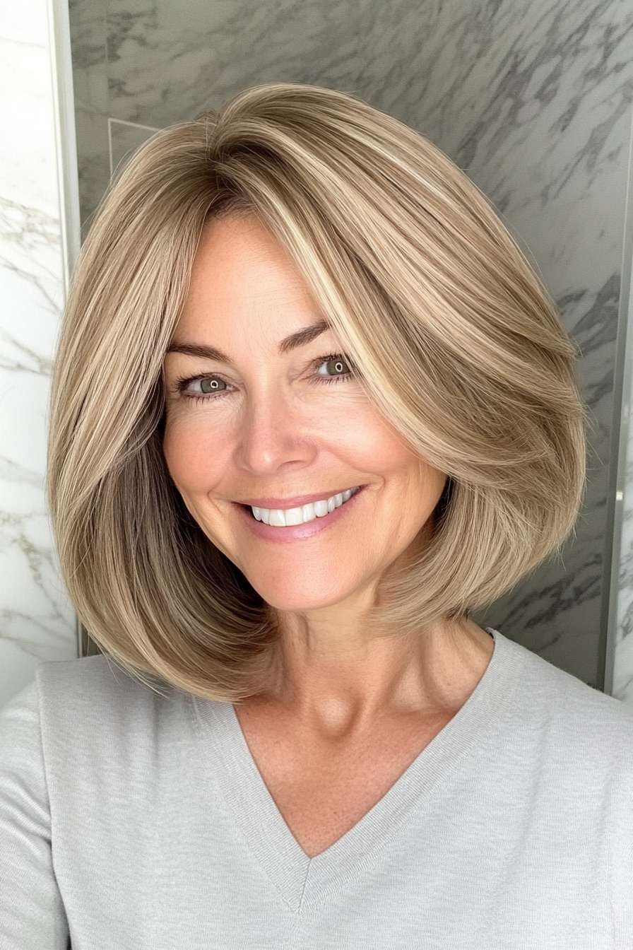 24. Soft Lob with Face-Framing Layers in Sandy Brown (Hairstyles For Women Over 60 With Fine Hair) - Hairstyles For Women Over 60 With Fine Hair