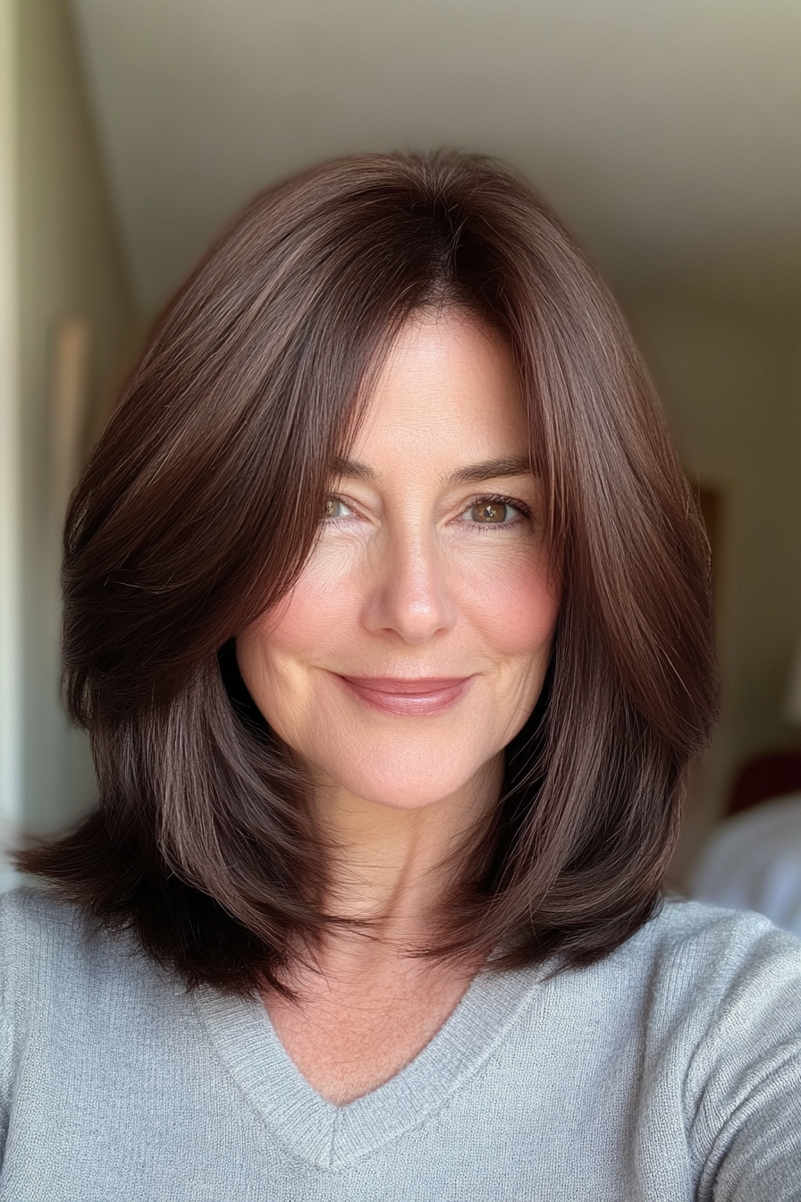 27. Medium-Length Blunt Cut in Dark Chestnut (Hairstyles For Women Over 60 With Fine Hair) - Hairstyles For Women Over 60 With Fine Hair