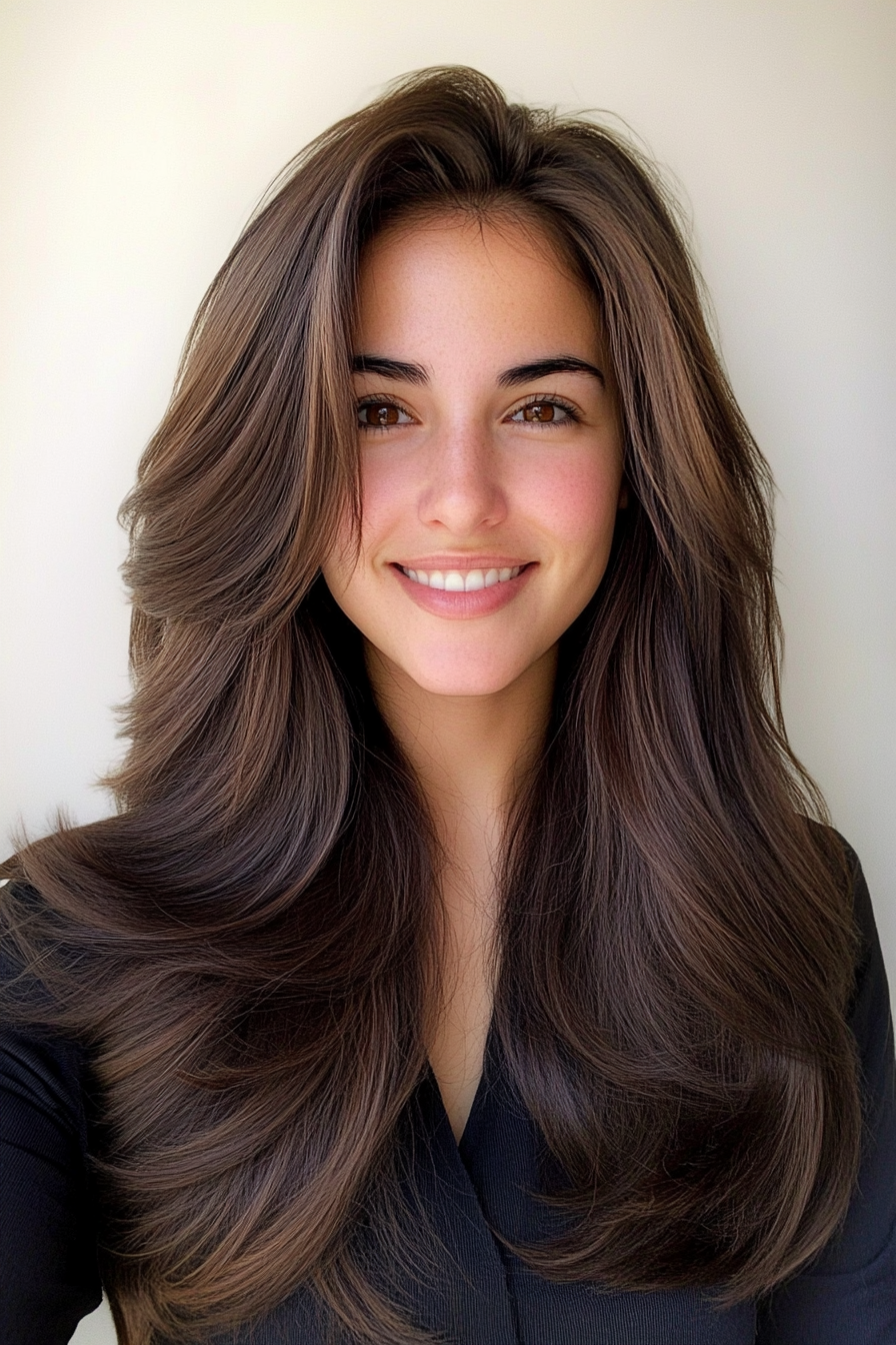 1. Layered Cascade with Deep Brunette (Long Haircuts For Thick Hair) - Long Haircuts For Thick Hair