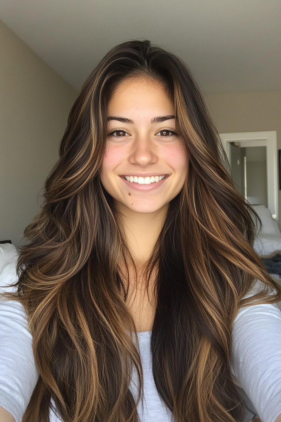 6. Wispy Ends with Warm Caramel (Long Haircuts For Thick Hair) - Long Haircuts For Thick Hair