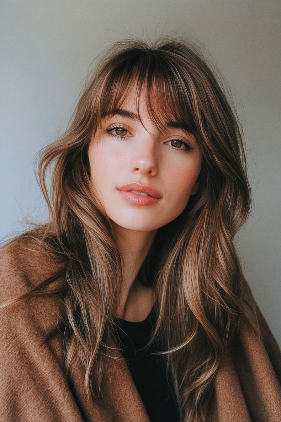 11. Curtain Bangs with Walnut Brown (Long Haircuts For Thick Hair) - Long Haircuts For Thick Hair