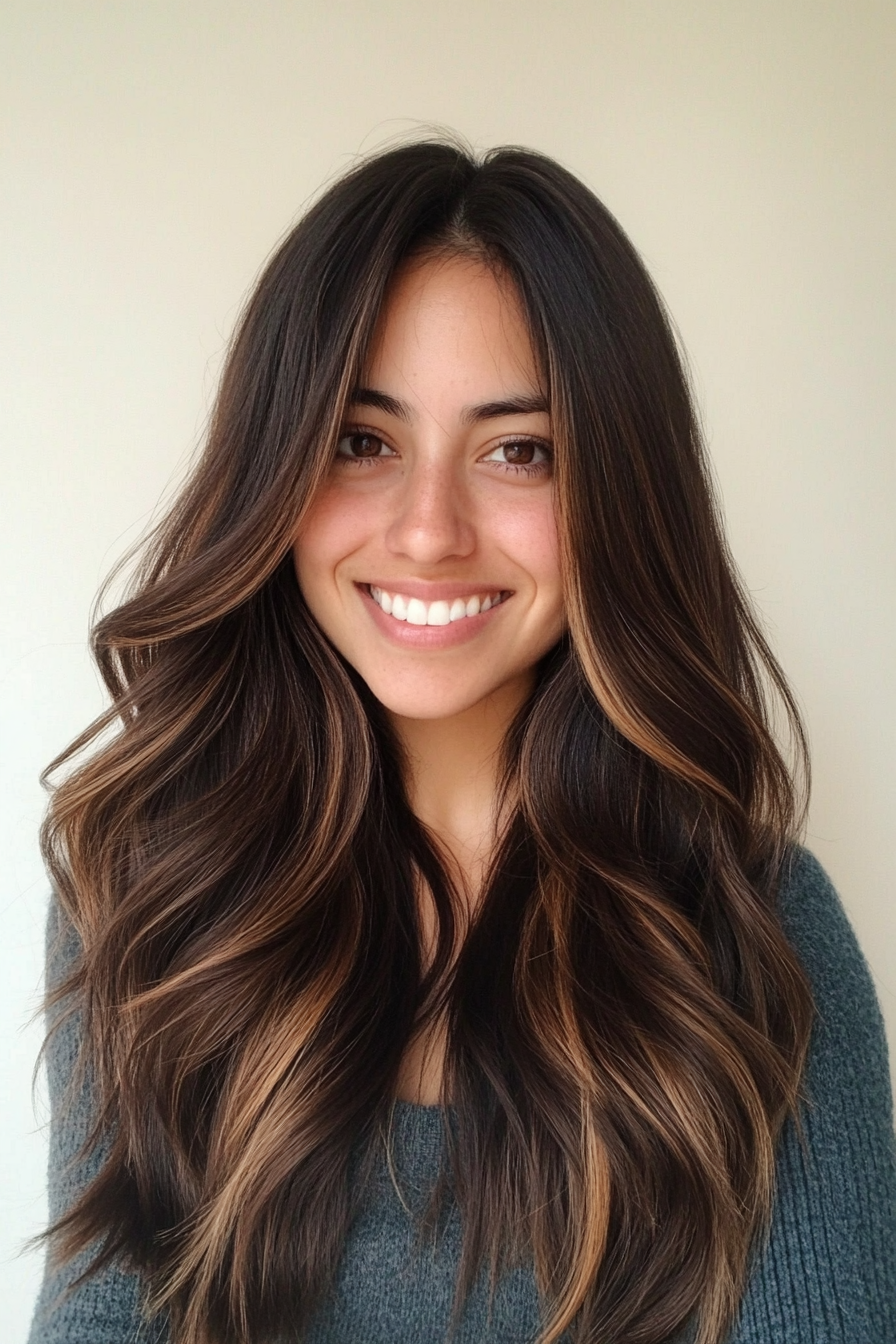 14. Face-Framing Balayage with Dark Chocolate Brown (Long Haircuts For Thick Hair) - Long Haircuts For Thick Hair
