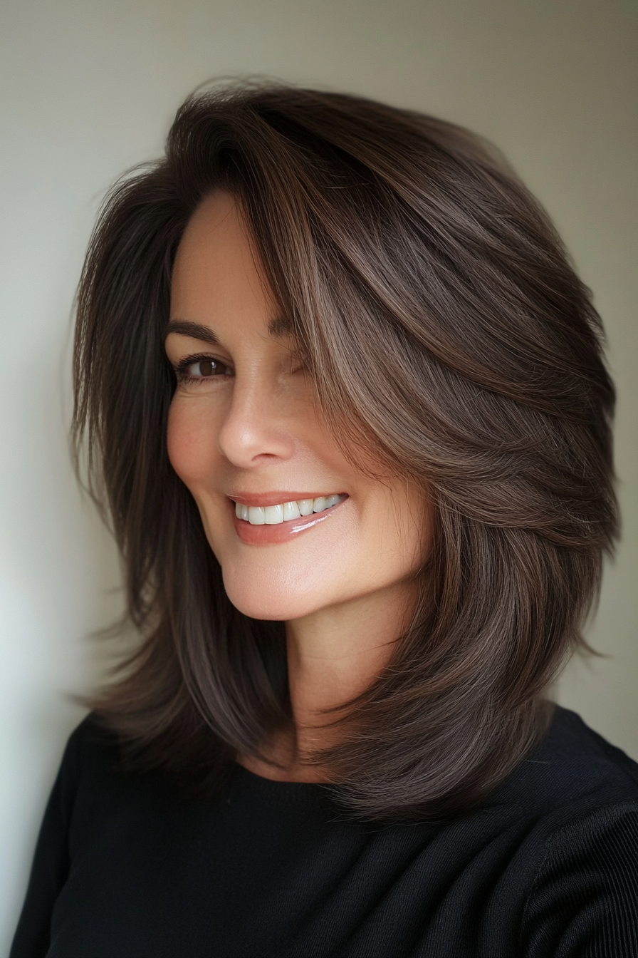 1. Softly Layered Lob in Dark Brown (Shoulder Length Hairstyles For Women Over 50) - Shoulder Length Hairstyles For Women Over 50