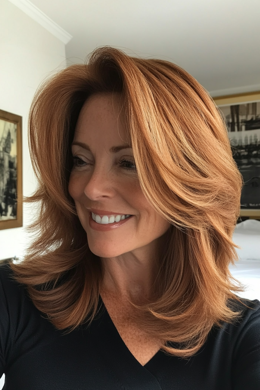 2. Feathered Shoulder-Length Cut in Warm Chestnut (Shoulder Length Hairstyles For Women Over 50) - Shoulder Length Hairstyles For Women Over 50