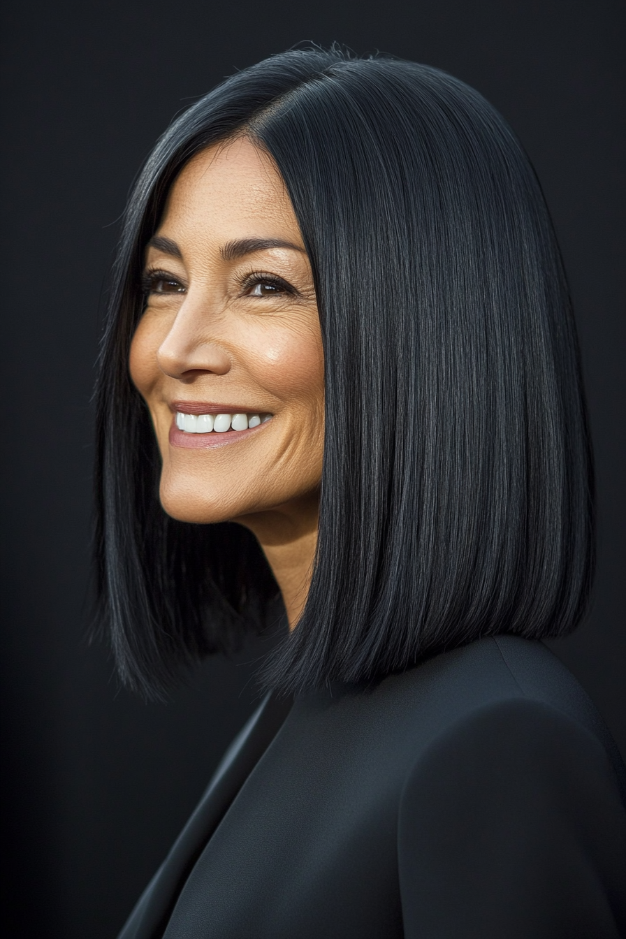 3. Classic Blunt Lob in Deep Black (Shoulder Length Hairstyles For Women Over 50) - Shoulder Length Hairstyles For Women Over 50