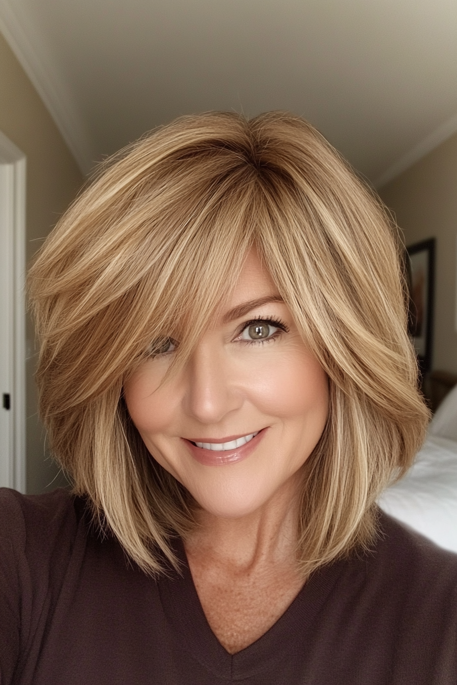 5. Choppy Lob with Side Bangs in Honey Blonde (Shoulder Length Hairstyles For Women Over 50) - Shoulder Length Hairstyles For Women Over 50