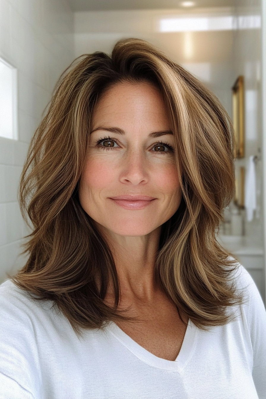 6. Subtle Face-Framing Layers in Golden Brown (Shoulder Length Hairstyles For Women Over 50) - Shoulder Length Hairstyles For Women Over 50