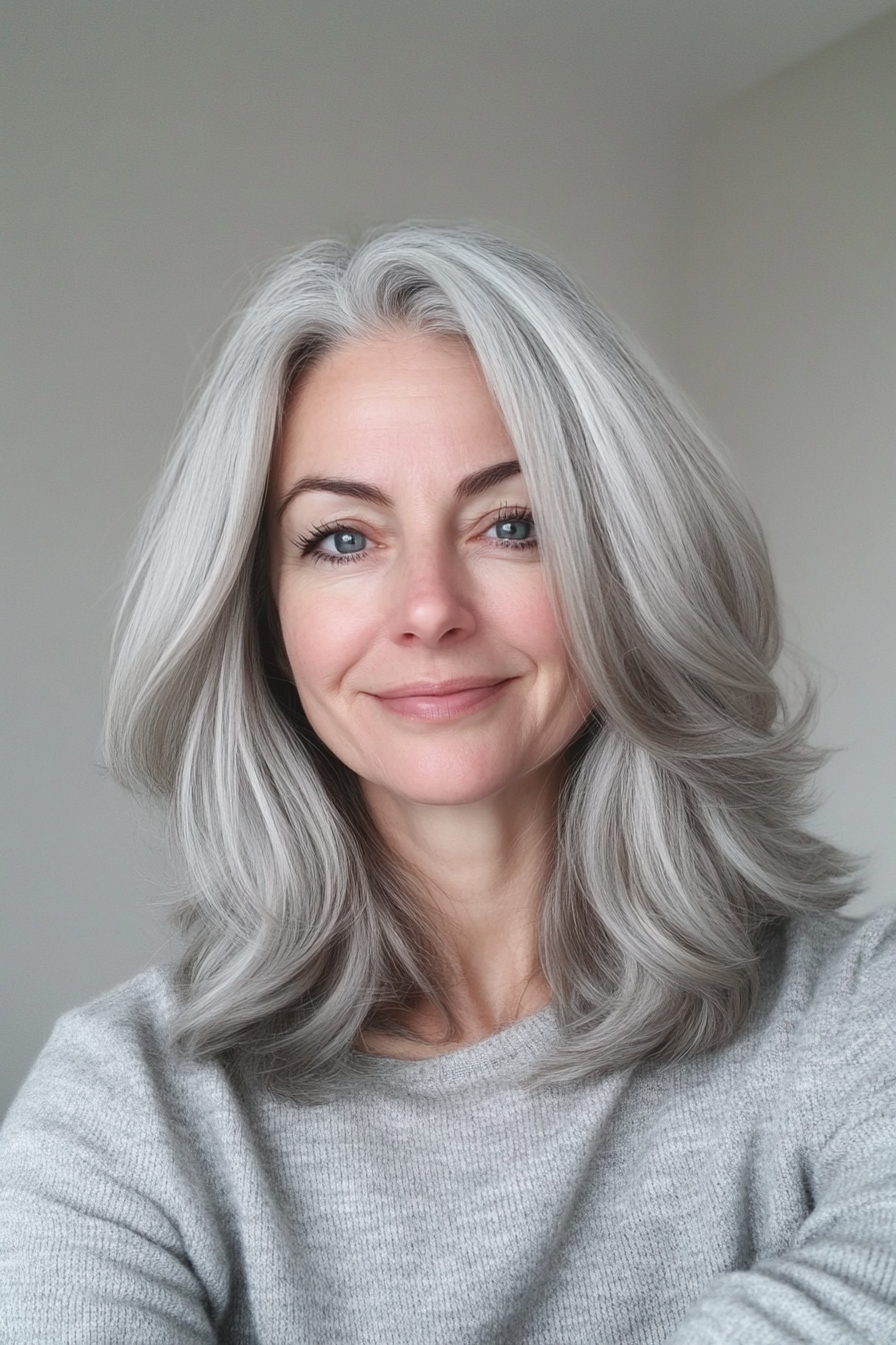 7. Voluminous Shoulder-Length Cut in Silver Gray (Shoulder Length Hairstyles For Women Over 50) - Shoulder Length Hairstyles For Women Over 50
