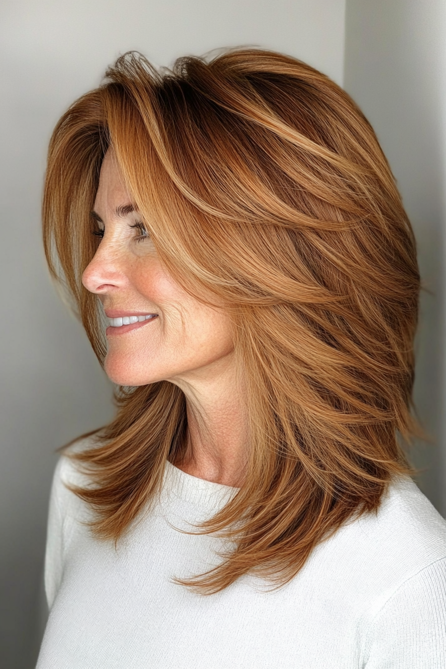 9. Layered Shoulder-Length Shag in Light Auburn (Shoulder Length Hairstyles For Women Over 50) - Shoulder Length Hairstyles For Women Over 50