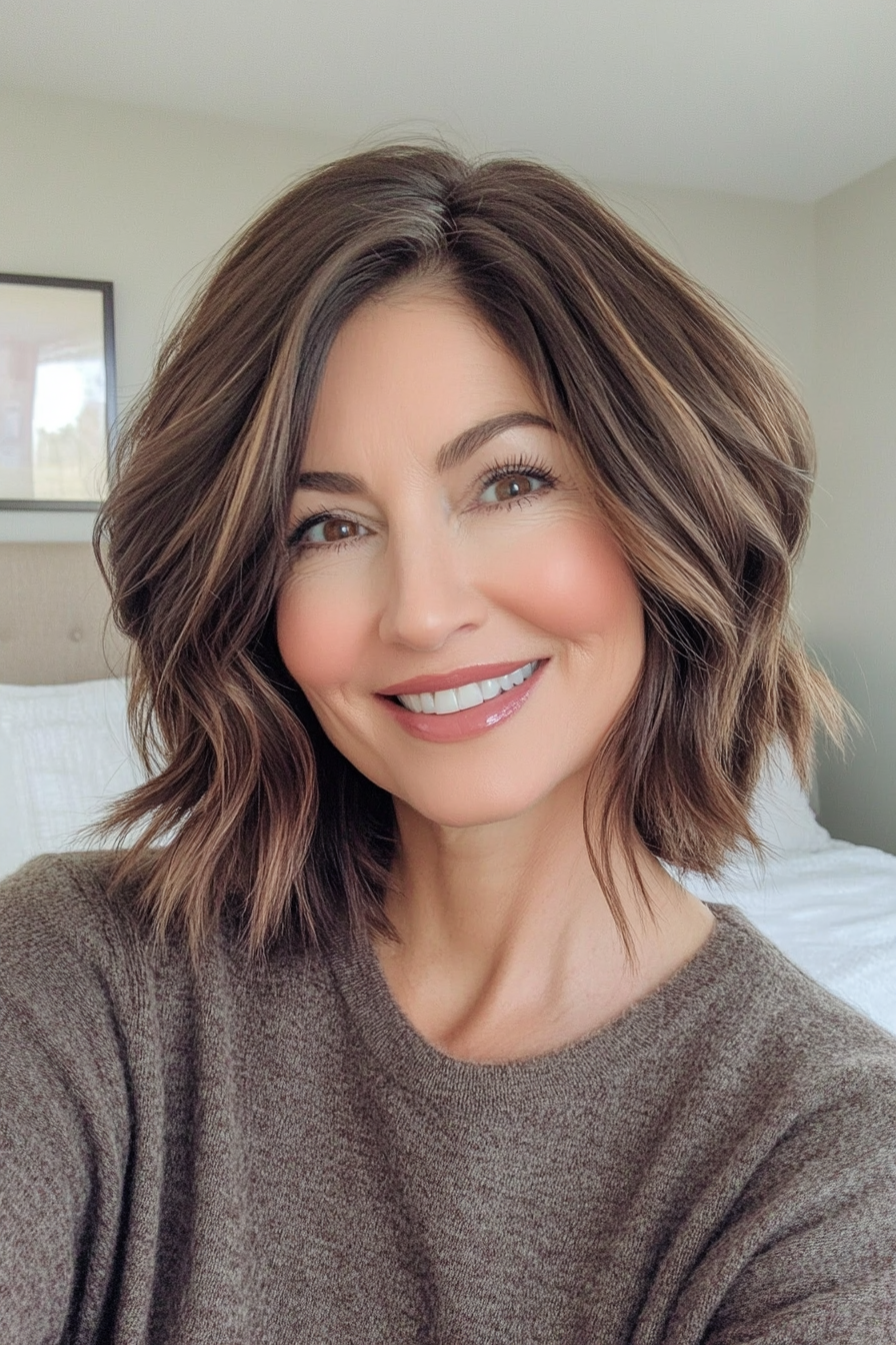 10. Textured Mid-Length Bob in Warm Espresso Brown (Shoulder Length Hairstyles For Women Over 50) - Shoulder Length Hairstyles For Women Over 50
