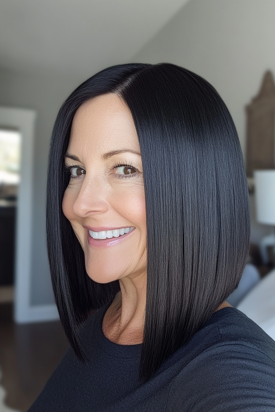 12. Sleek Shoulder-Length Bob in Soft Jet Black (Shoulder Length Hairstyles For Women Over 50) - Shoulder Length Hairstyles For Women Over 50