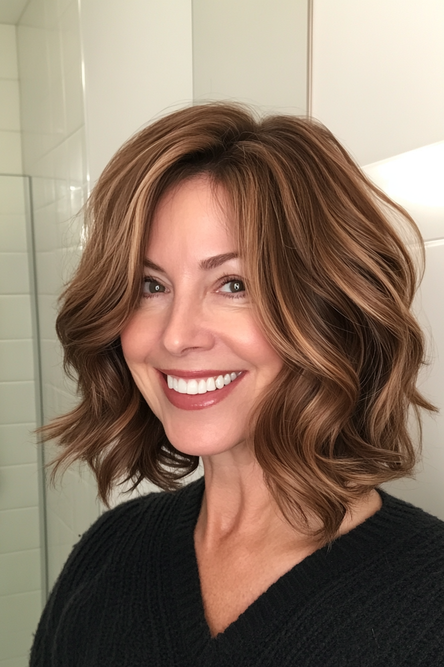 15. Tousled Mid-Length Bob in Warm Caramel Brown (Shoulder Length Hairstyles For Women Over 50) - Shoulder Length Hairstyles For Women Over 50
