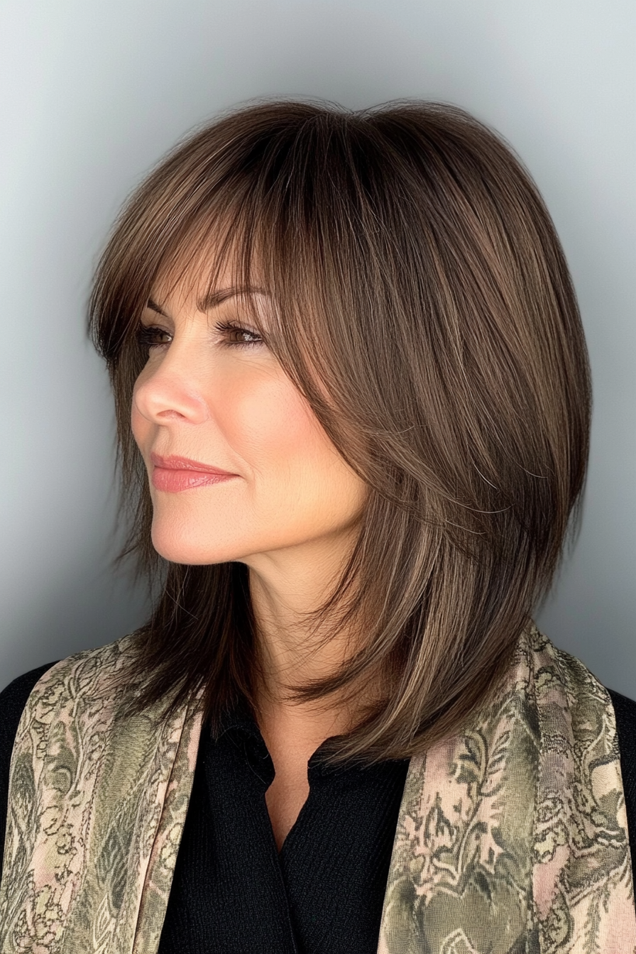 16. Feathered Lob with Bangs in Light Mocha Brown (Shoulder Length Hairstyles For Women Over 50) - Shoulder Length Hairstyles For Women Over 50