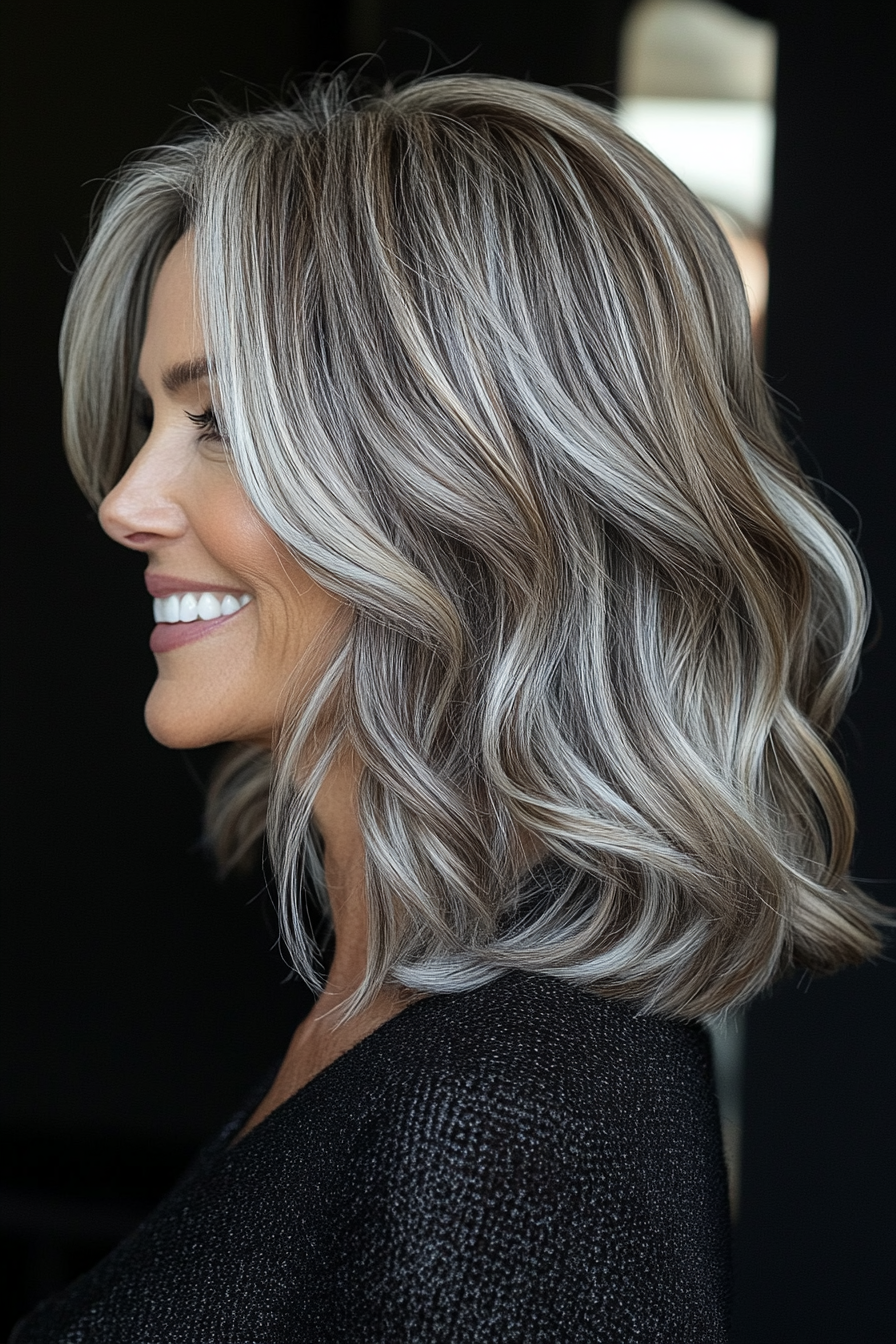 21. Relaxed Shoulder-Length Waves in Ash Brown with Silver Highlights (Shoulder Length Hairstyles For Women Over 50) - Shoulder Length Hairstyles For Women Over 50