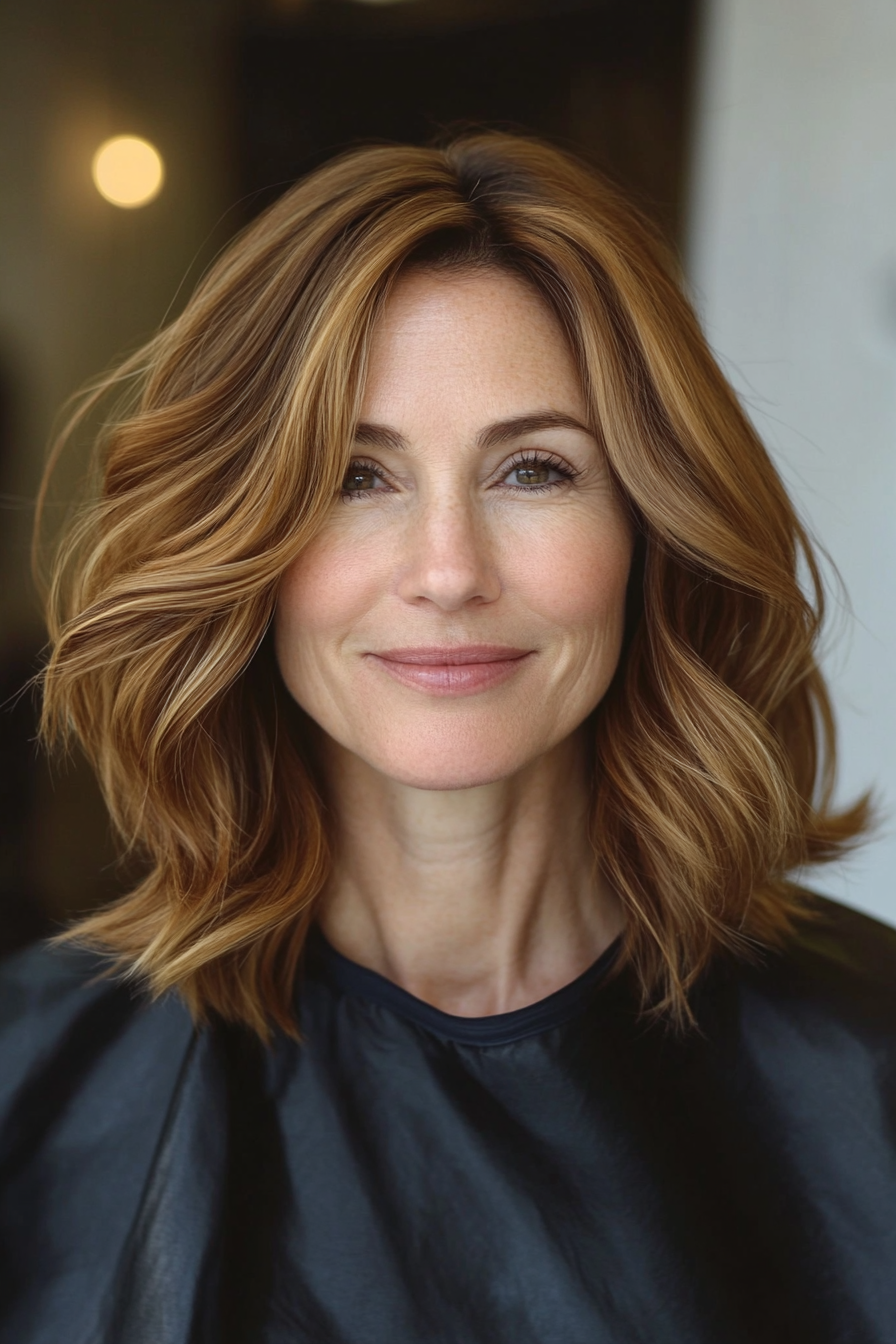 22. Mid-Length Bob with Feathered Ends in Warm Honey Brown (Shoulder Length Hairstyles For Women Over 50) - Shoulder Length Hairstyles For Women Over 50