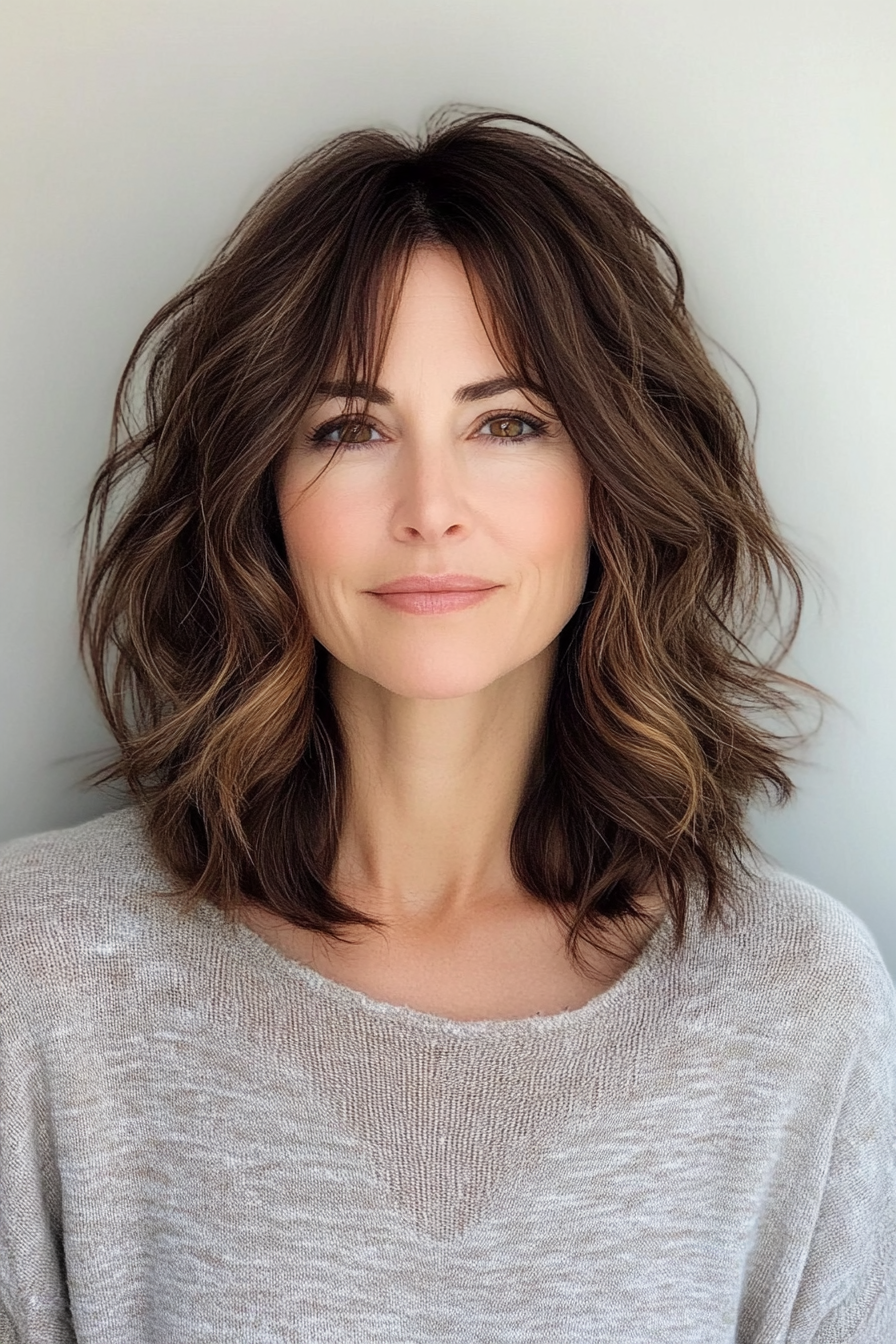 23. Wavy Shoulder-Length Lob in Dark Chestnut Brown (Shoulder Length Hairstyles For Women Over 50) - Shoulder Length Hairstyles For Women Over 50
