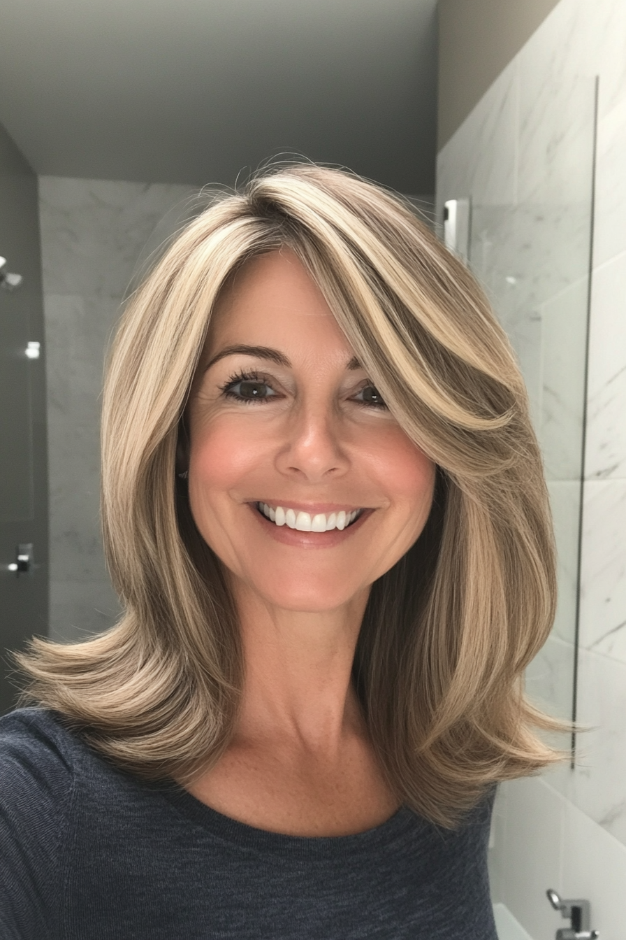 25. Sleek Mid-Length Cut with Face-Framing Highlights in Natural Dark Blonde (Shoulder Length Hairstyles For Women Over 50) - Shoulder Length Hairstyles For Women Over 50