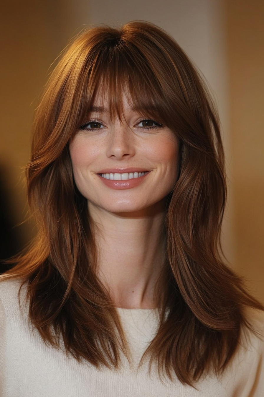 1. Feathered Layers with Chestnut Brown (Medium Length Haircuts With Bangs) - Medium Length Haircuts With Bangs