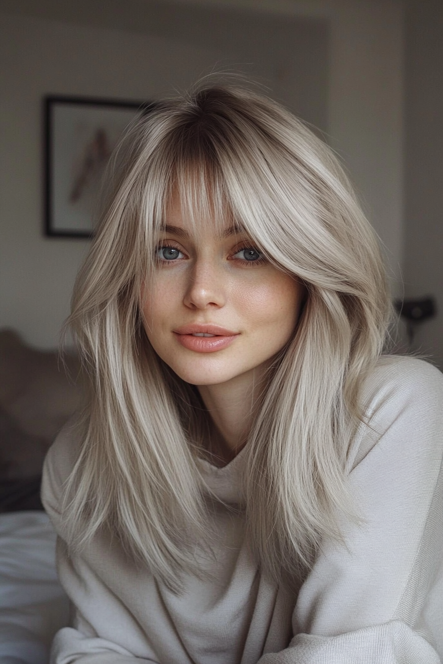 2. Curtain Bangs with Ash Blonde (Medium Length Haircuts With Bangs) - Medium Length Haircuts With Bangs