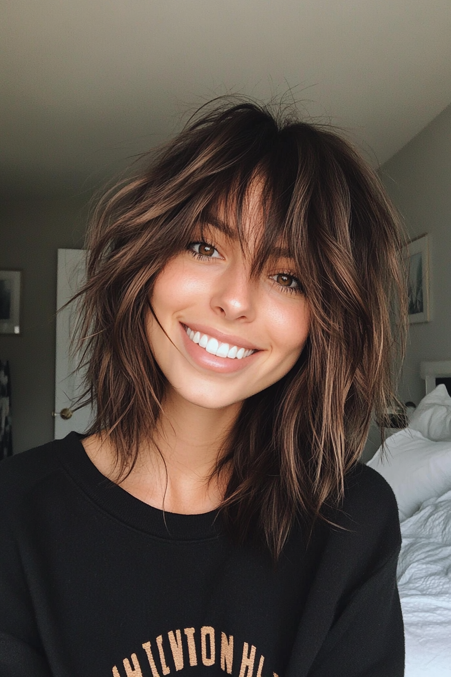 3. Shaggy Lob with Deep Brown (Medium Length Haircuts With Bangs) - Medium Length Haircuts With Bangs