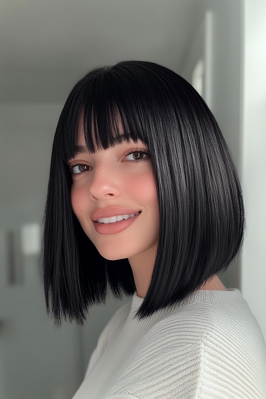 4. Blunt Cut with Natural Black (Medium Length Haircuts With Bangs) - Medium Length Haircuts With Bangs