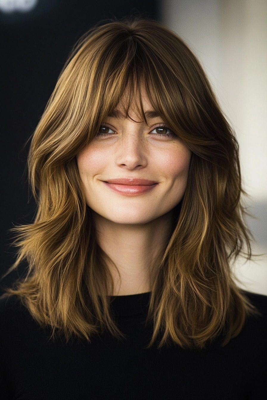 5. Choppy Layers with Warm Honey Brown (Medium Length Haircuts With Bangs) - Medium Length Haircuts With Bangs