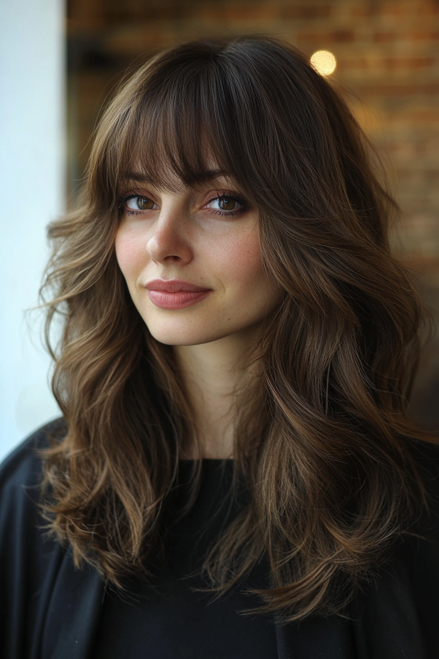 6. Soft Waves with Dark Chocolate Brown (Medium Length Haircuts With Bangs) - Medium Length Haircuts With Bangs