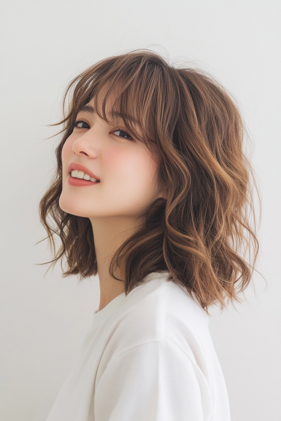 7. Textured Lob with Light Brown (Medium Length Haircuts With Bangs) - Medium Length Haircuts With Bangs