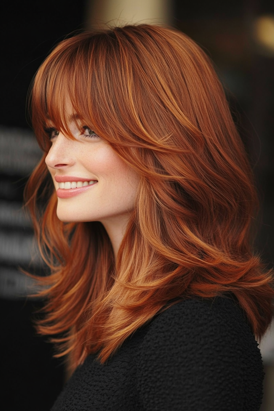 8. Frameless Bangs with Deep Auburn (Medium Length Haircuts With Bangs) - Medium Length Haircuts With Bangs