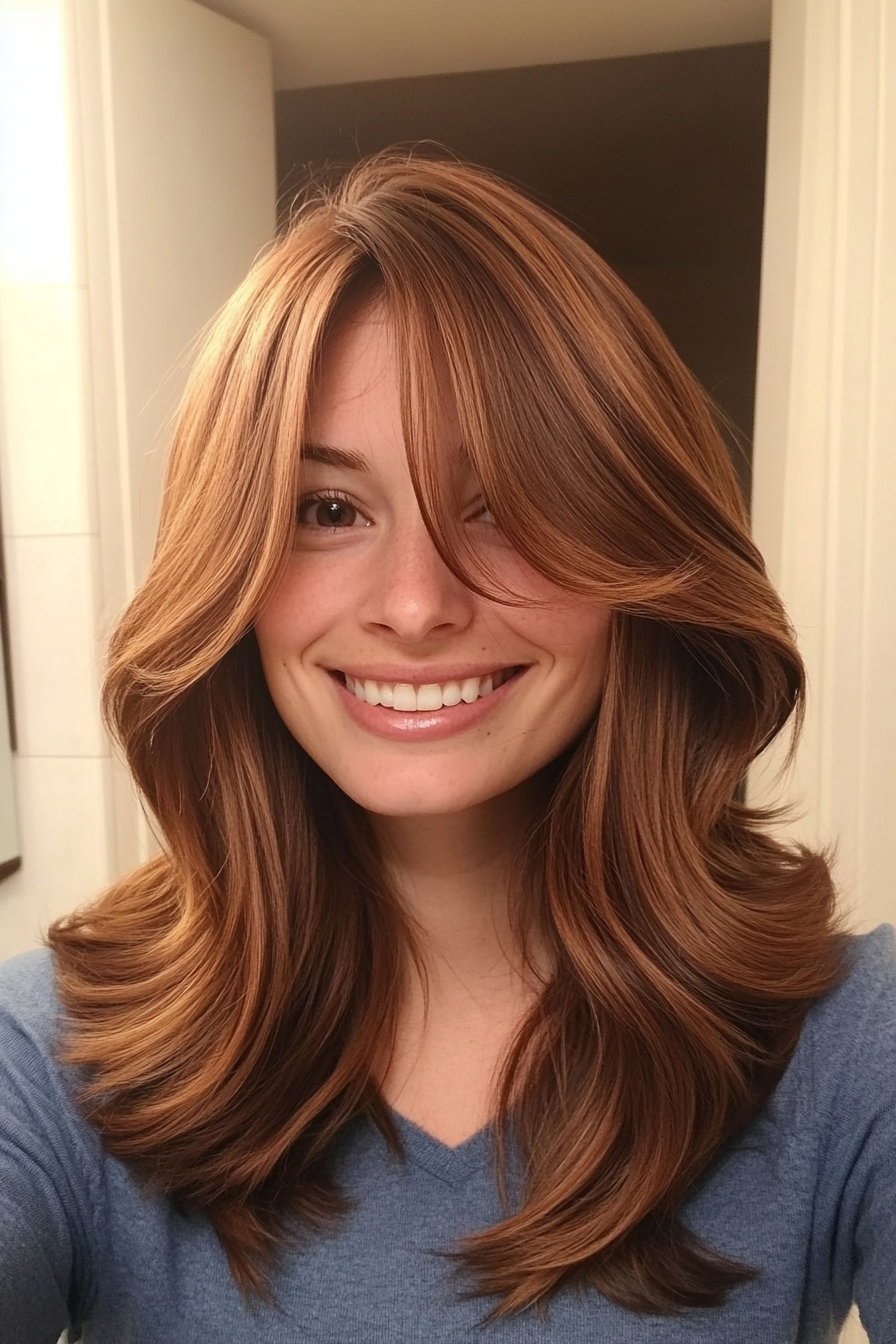 10. Swoopy Side Bangs with Chestnut Ombre (Medium Length Haircuts With Bangs) - Medium Length Haircuts With Bangs