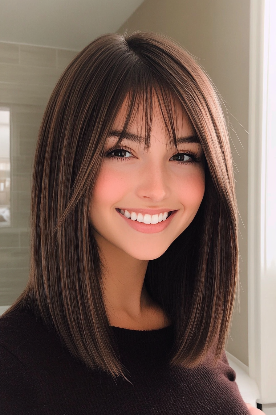 12. Classic Lob with Deep Espresso Brown (Medium Length Haircuts With Bangs) - Medium Length Haircuts With Bangs