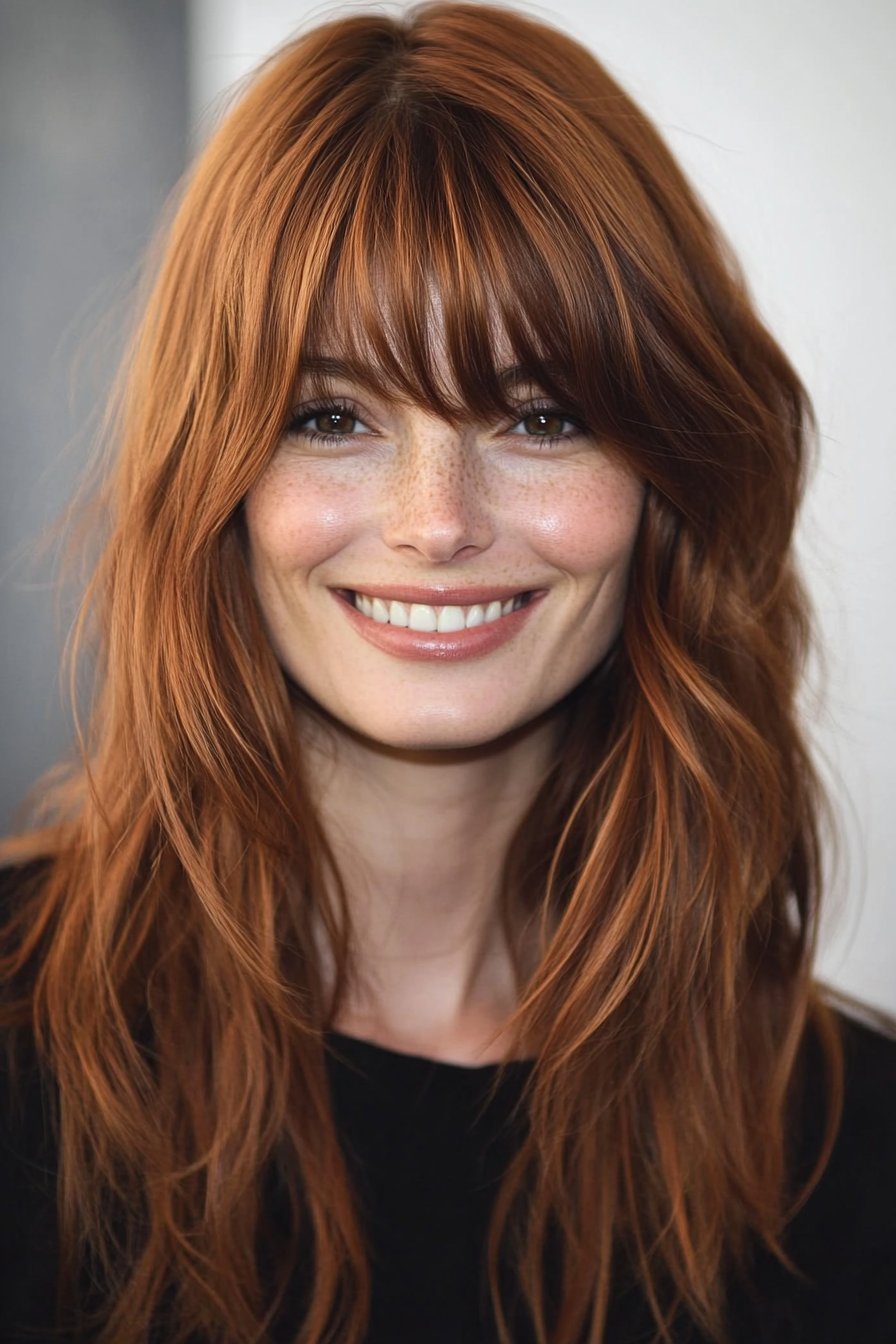 13. Wispy Layers with Soft Copper Brown (Medium Length Haircuts With Bangs) - Medium Length Haircuts With Bangs