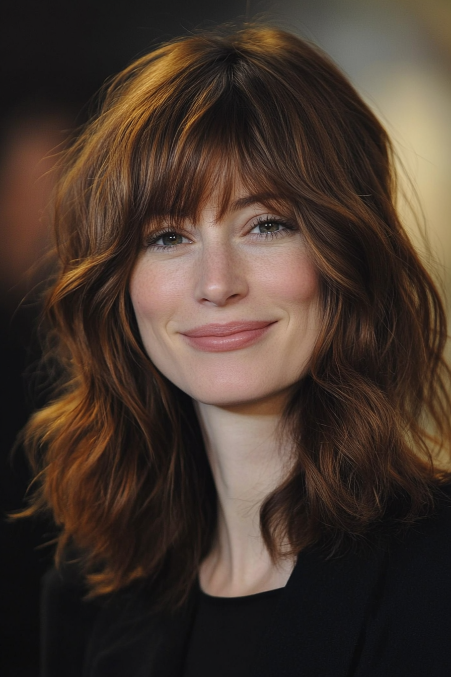 14. Face-Framing Shag with Warm Chestnut (Medium Length Haircuts With Bangs) - Medium Length Haircuts With Bangs